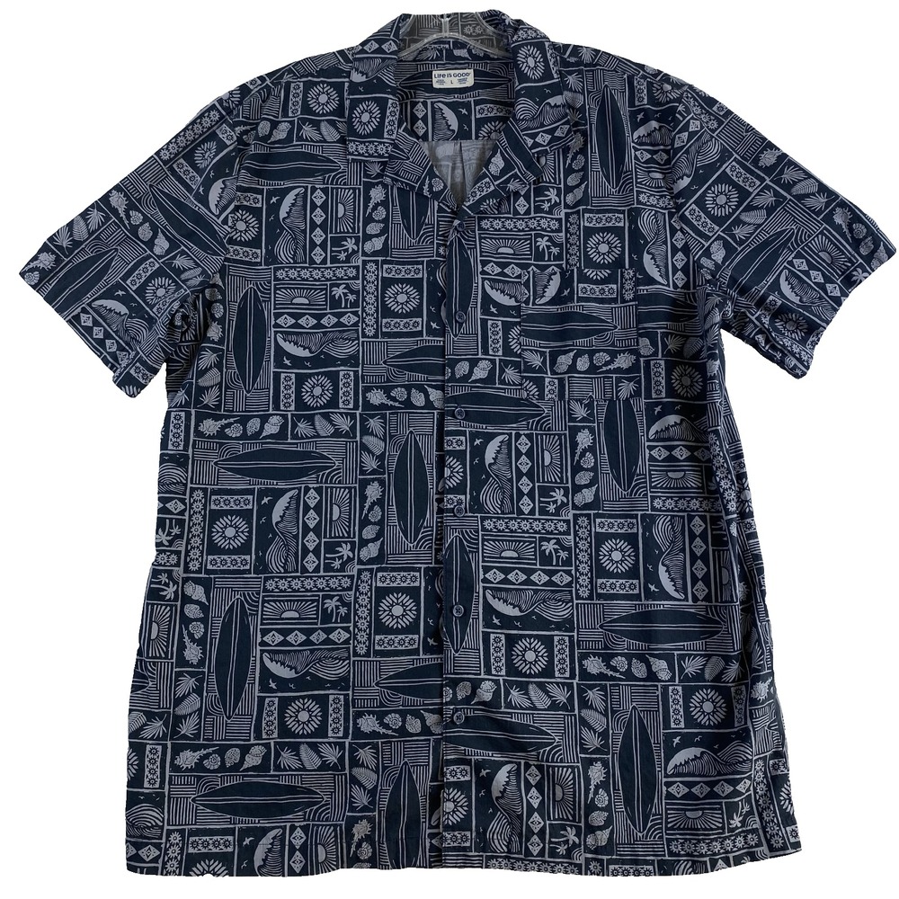 Life is Good Button Up Shirt Men's Sz L Surfer Hawaiian Active All Over Print